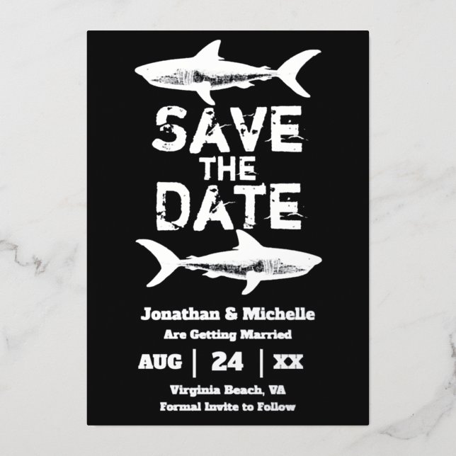Silver Foil Shark Beach Hochzeit Save the Date Folieneinladung (Vorderseite)