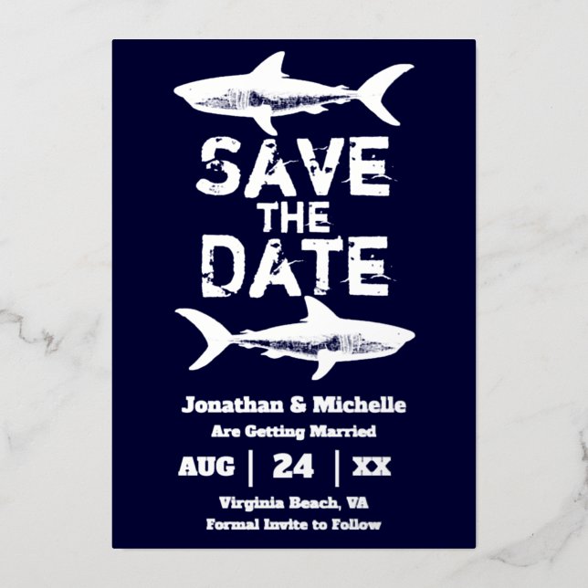Silver Foil Shark Beach Save the Date Folieneinladung (Vorderseite)