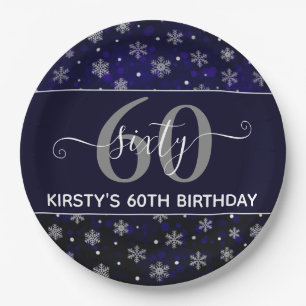 Silver Foil Snowflakes & Blue Bokeh 60. Geburtstag Pappteller