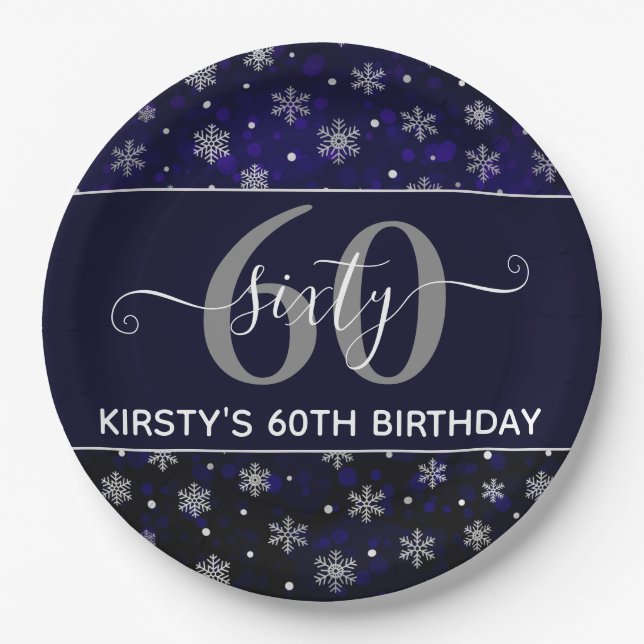 Silver Foil Snowflakes & Blue Bokeh 60. Geburtstag Pappteller (Vorderseite)