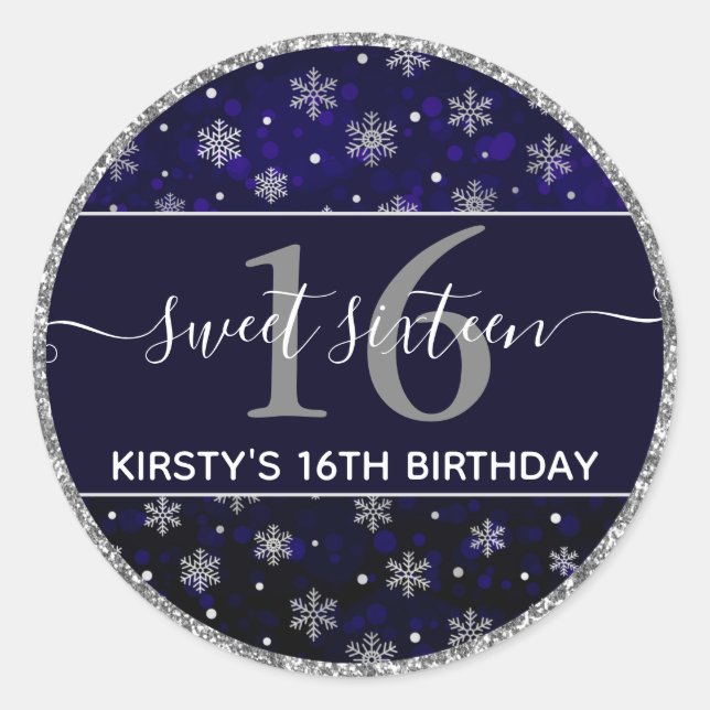 Silver Foil Snowflakes & Blue Bokeh Sweet 16 Runder Aufkleber (Vorderseite)