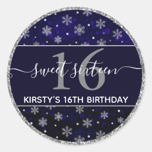 Silver Foil Snowflakes & Blue Bokeh Sweet 16 Runder Aufkleber