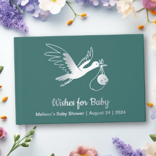 Silver Foil Stork auf Green Baby Dusche Gästebuch