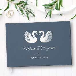 Silver Foil Swans on Blue Wedding Gästebuch