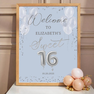 Silver Foil Sweet 16 Balloons Blue Begrüßungszeich Poster