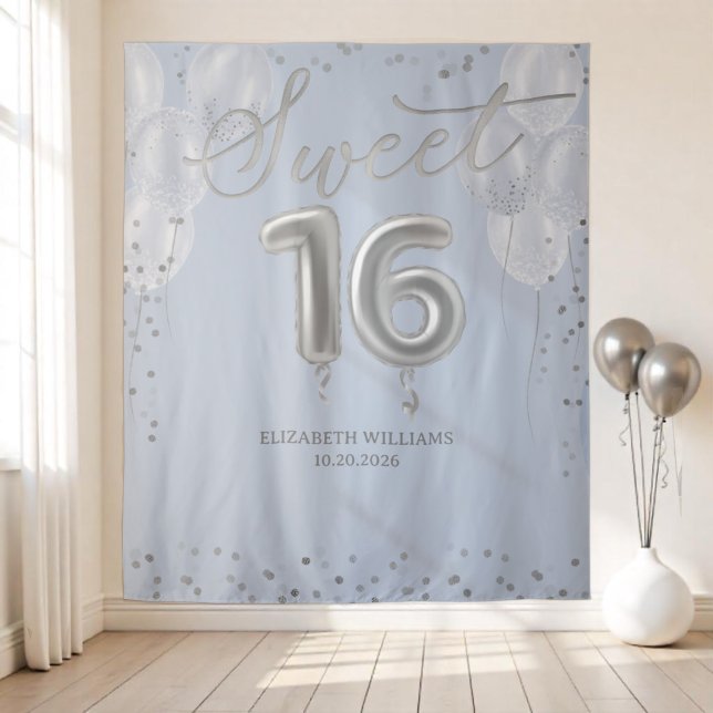 Silver Foil Sweet 16 Balloons Blue Hintergrund Wandteppich (Von Creator hochgeladen)