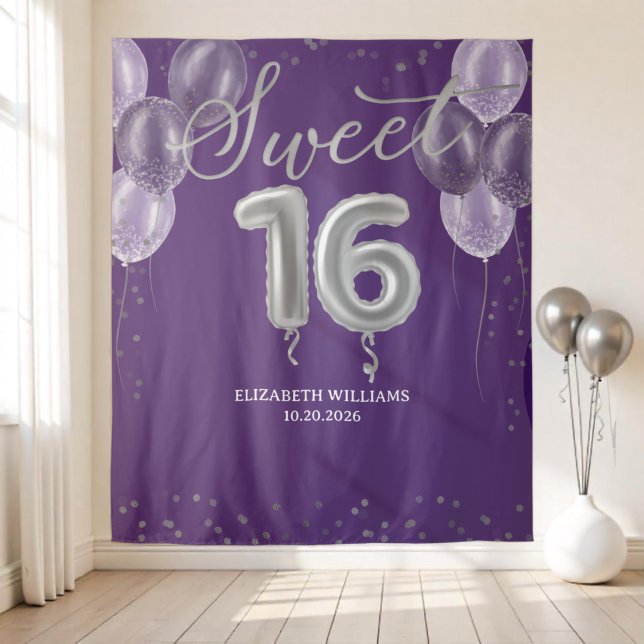 Silver Foil Sweet 16 Balloons Lila Hintergrund Wandteppich (Von Creator hochgeladen)