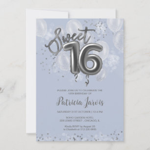 Silver Foil Sweet 16 Balloons Party Dusty Blue Einladung