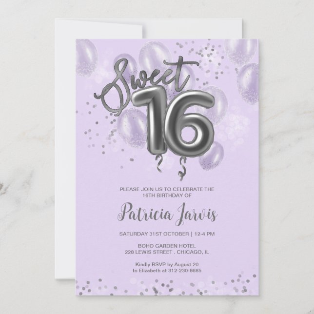 Silver Foil Sweet 16 Balloons Party Lavender Einladung (Vorderseite)
