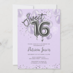 Silver Foil Sweet 16 Balloons Party Lavender Einladung