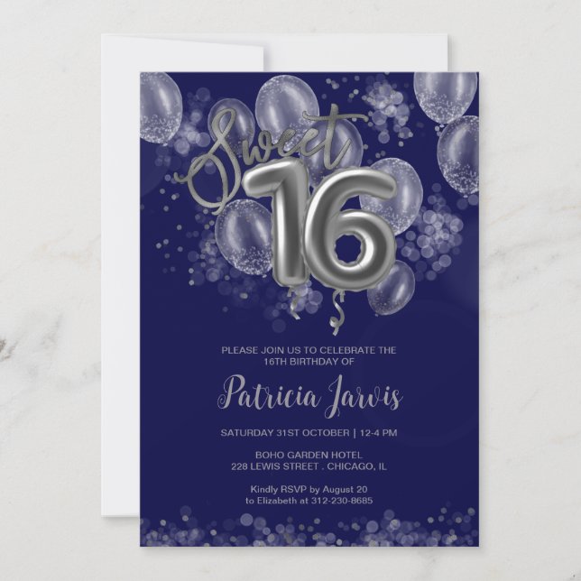 Silver Foil Sweet 16 Balloons Party Royal Blue Einladung (Vorderseite)
