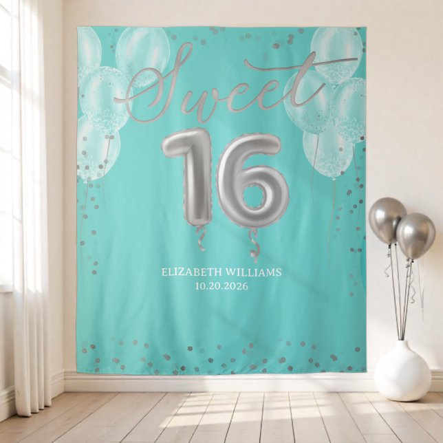 Silver Foil Sweet 16 Balloons Royal Aquamarin Back Wandteppich (Von Creator hochgeladen)