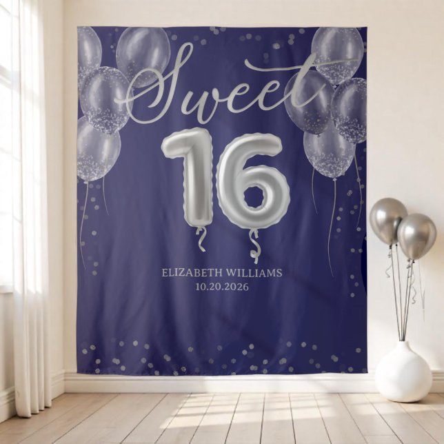 Silver Foil Sweet 16 Balloons Royal Blue Hintergru Wandteppich (Von Creator hochgeladen)