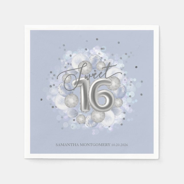 Silver Foil Sweet 16 Bday Balloons Dusty Blue Serviette (Vorderseite)