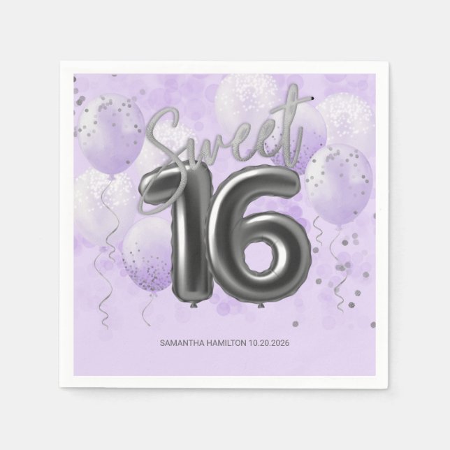 Silver Foil Sweet 16 Bday Balloons Lavender Napki Serviette (Vorderseite)