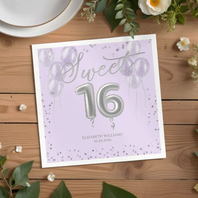 Silver Foil Sweet 16 Bday Balloons Party Lavender Serviette (Von Creator hochgeladen)