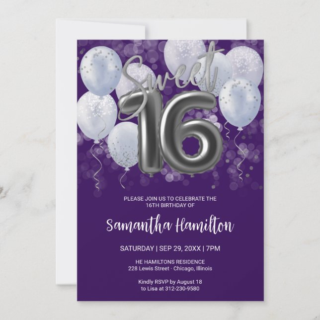 Silver Foil Sweet 16 Bday Balloons Party Lila Einladung (Vorderseite)