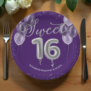 Silver Foil Sweet 16 Bday Balloons Party Lila Pappteller