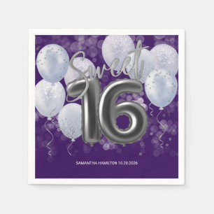 Silver Foil Sweet 16 Bday Balloons Party Lila Serviette