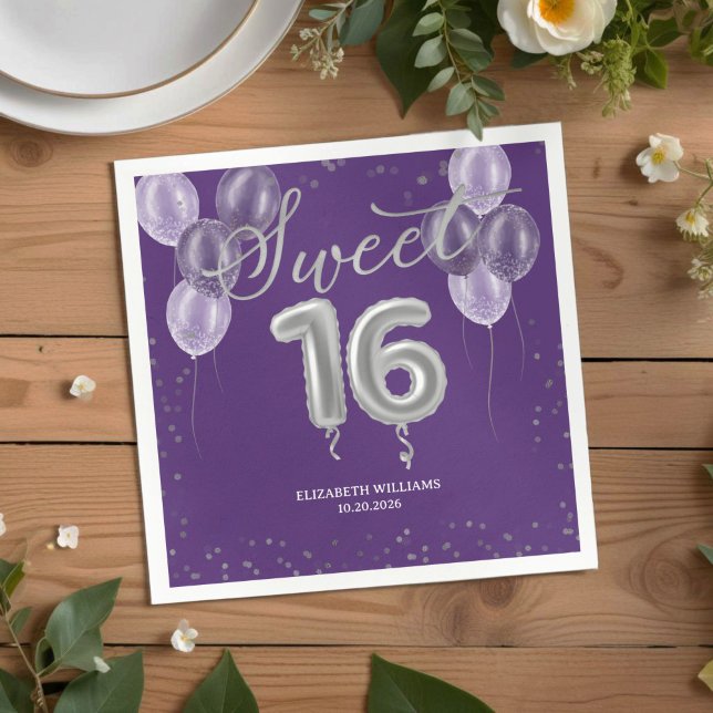 Silver Foil Sweet 16 Bday Balloons Party Lila Serviette (Von Creator hochgeladen)