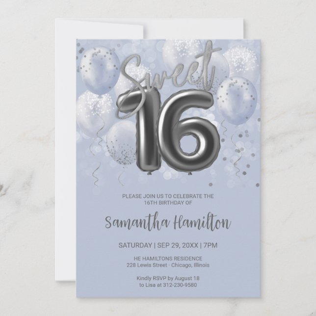 Silver Foil Sweet 16 Birthday Balloons Dusty Blue Einladung (Vorderseite)