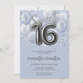 Silver Foil Sweet 16 Birthday Balloons Dusty Blue Einladung