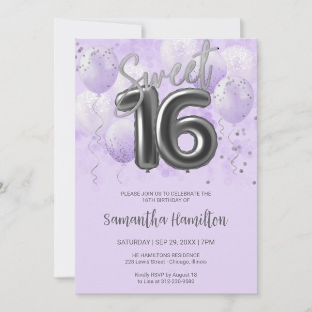 Silver Foil Sweet 16 Birthday Balloons Lavender Einladung (Vorderseite)