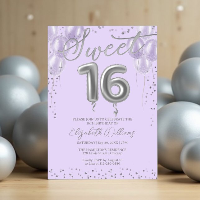 Silver Foil Sweet 16 Birthday Balloons Lavender Einladung (Von Creator hochgeladen)