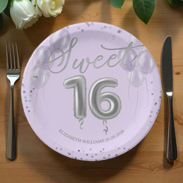 Silver Foil Sweet 16 Birthday Balloons Lavender Pappteller (Von Creator hochgeladen)