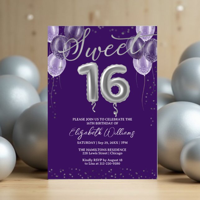 Silver Foil Sweet 16 Birthday Balloons Lila Einladung (Von Creator hochgeladen)