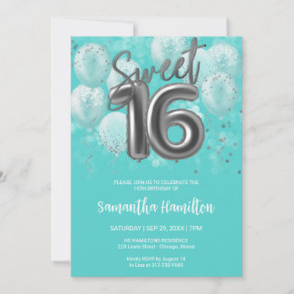 Silver Foil Sweet 16 Birthday Balloons Party Aquam Einladung