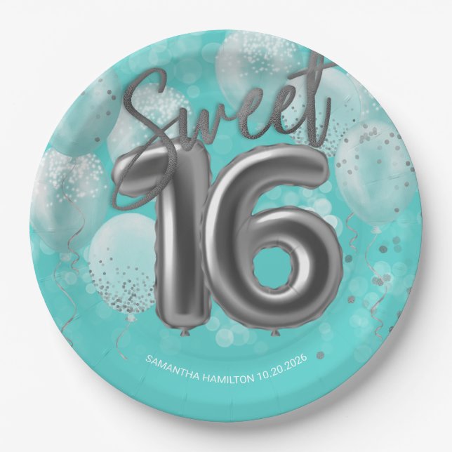 Silver Foil Sweet 16 Birthday Balloons Party Aquam Pappteller (Vorderseite)