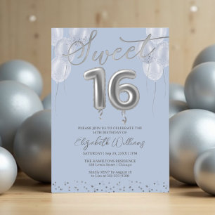 Silver Foil Sweet 16 Birthday Balloons Party Blue Einladung