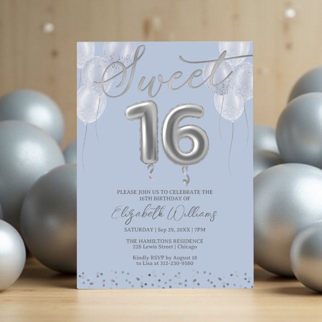 Silver Foil Sweet 16 Birthday Balloons Party Blue Einladung (Von Creator hochgeladen)