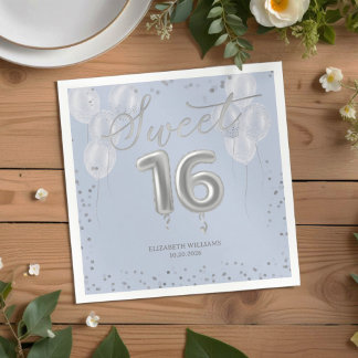 Silver Foil Sweet 16 Birthday Balloons Party Blue Serviette