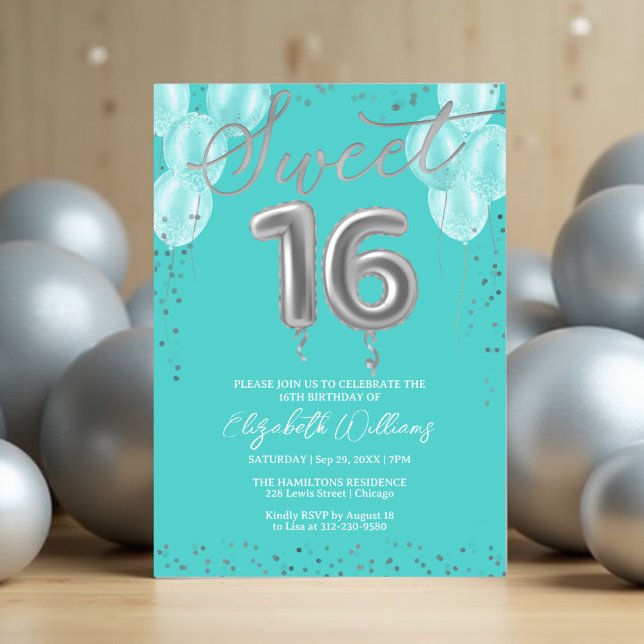 Silver Foil Sweet 16 Birthday Balloons Royal Aquam Einladung (Von Creator hochgeladen)