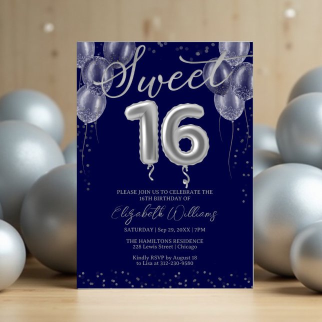 Silver Foil Sweet 16 Birthday Balloons Royal Blue Einladung (Von Creator hochgeladen)
