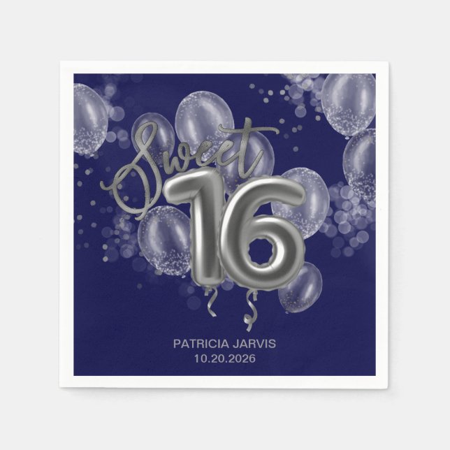 Silver Foil Sweet 16 Birthday Balloons Royal Blue Serviette (Vorderseite)