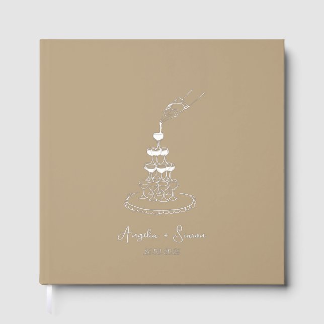Silver Foil Taupe Champagner Tower Wedding Gästebuch (Vorderseite)
