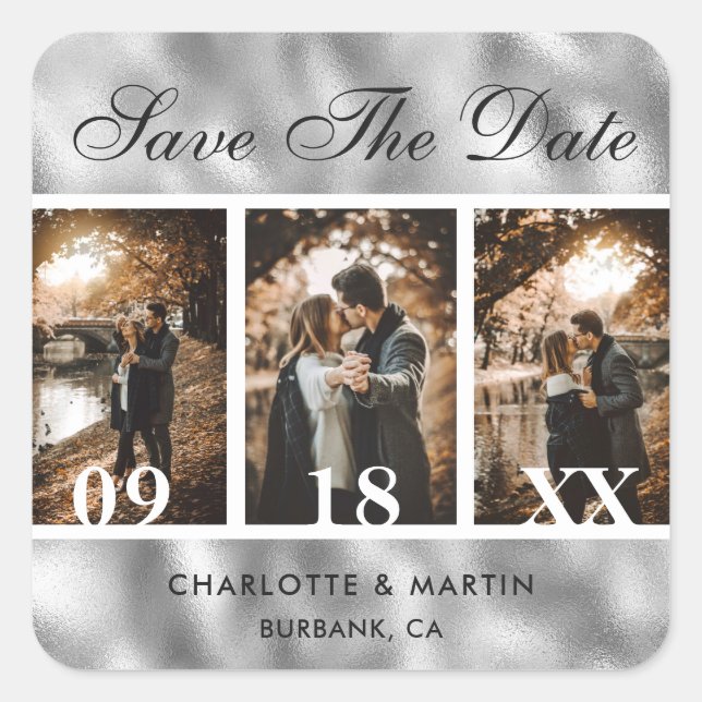 Silver Foil Wedding Foto Save the Date Sticker (Vorderseite)