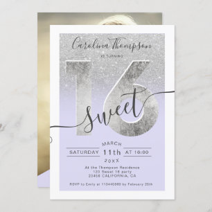 Silver-Folie Drehbuch Glitzer lila Sweet 16 Foto Einladung