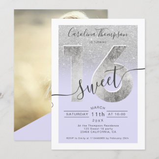 Silver-Folie Drehbuch Glitzer lila Sweet 16 Foto Einladung