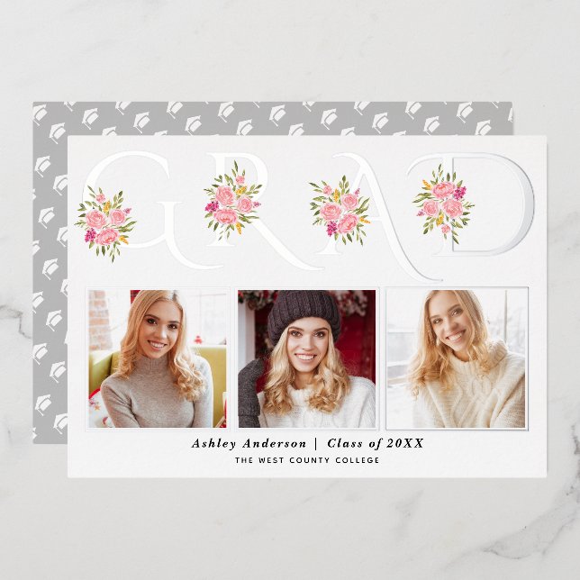 Silver-Folie GRAD-Foto-Abschluss-Anzeige Folieneinladung (Vorderseite/Rückseite)