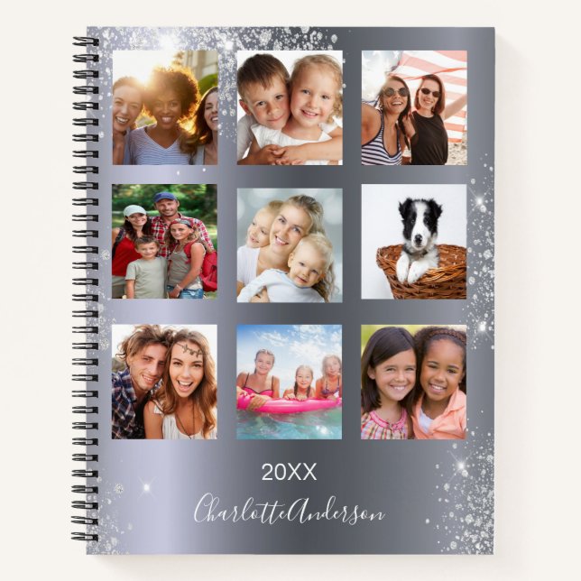 Silver Foto Collage Monogram Glitzer Notizbuch (Vorderseite)