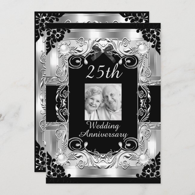Silver Foto Floral 25. Hochzeitstag Einladung (Vorne/Hinten)
