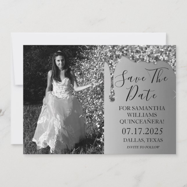 Silver Foto Sparkle Glitzer Tropfen Quinceanera Save The Date (Vorderseite)