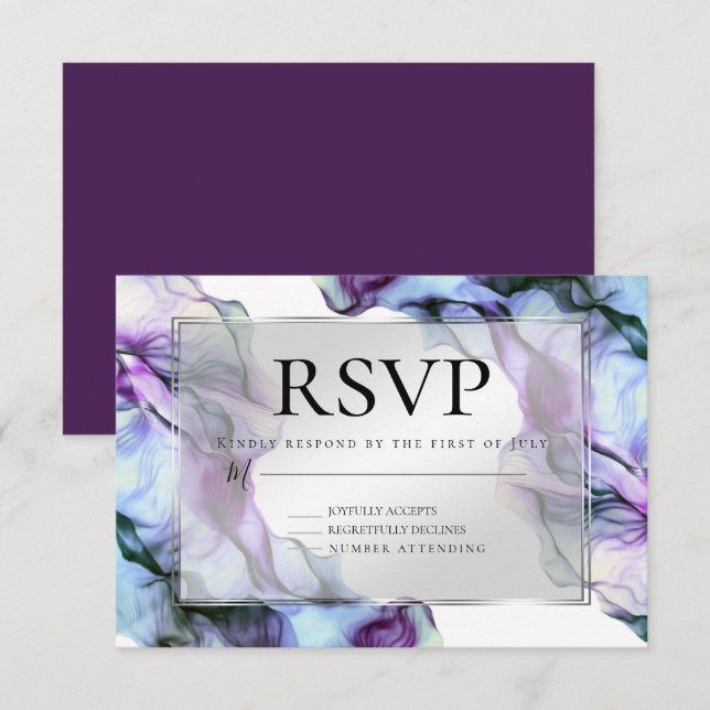 Silver Frame Abstrakt Plum Aquamarine Blende Tinte Einladung (Vorne/Hinten)