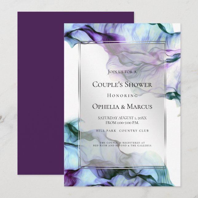 Silver Frame Abstrakt Plum Aquamarine Blende Tinte Einladung (Vorne/Hinten)