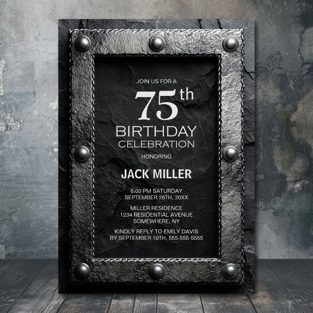 Silver Frame Black Slate 75th Birthday Party Einladung (Von Creator hochgeladen)