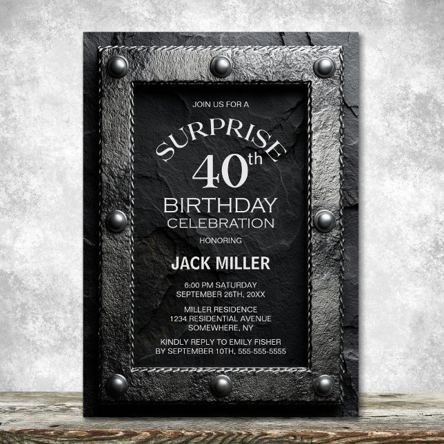 Silver Frame Black Slate Surprise 40th Birthday Einladung (Von Creator hochgeladen)